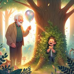 an older man holding a balloon standing next to a young boy in the middle of a forest