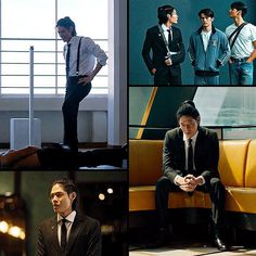 four different pictures of men in suits and ties, one with his hands on his hips