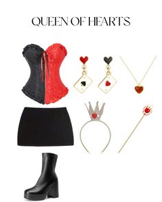 the queen of hearts costume is shown with accessories