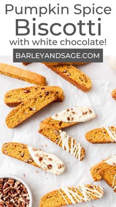 pumpkin spice biscotti with white chocolate on parchment paper