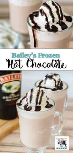 bailey's frozen hot chocolate is served in glasses with whipped cream and chocolate drizzle