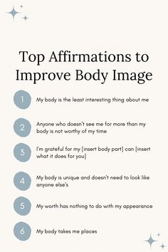 an info sheet with the words top affirmations to improve body image on it