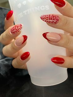 Red leopard nails Cheetah Print Red Nails, Leopard Red Nails, Nail Ideas Cheetah Print, Leopard And Red Nails, Red Cheetah Print Nails, Red Animal Print Nails, Red And Leopard Print Nails, Chetta Nails, Red And Cheetah Nails