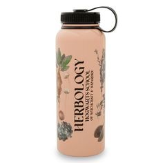 a pink water bottle with an image of flowers and leaves on the side, in front of a white background