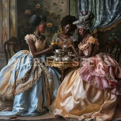 two women in dresses sitting at a table with tea cups and saucers on it