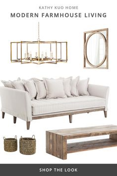 the modern farmhouse living room is shown with white furniture and neutral colors, including beige pillows