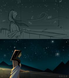 an animation scene with two people looking at the sky and one person standing in front of them