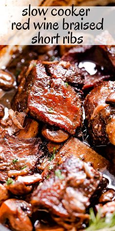 slow cooker red wine braised short ribs in a pan with text overlay