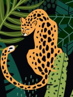 an orange leopard sitting on top of a green leaf covered tree next to a plant