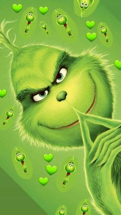 the grin face is surrounded by hearts and other green objects, as well as eyes