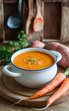 10 Healthy Soups for Picky Eaters - Creamy Carrot and Sweet Potato Soup with Ginger. Check out more ideas at poppymommy.com Carrot And Sweet Potato Soup, Carrot And Sweet Potato