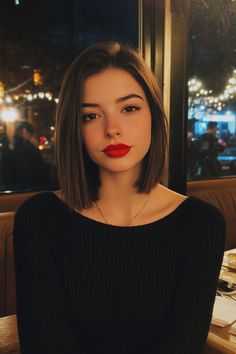 Woman sitting at a restaurant, with a neutral expression, wearing a black top and bright red lipstick. Short Hair And Outfits Style, Long Bob Haircuts Straight, Short Edgy Bob, Short Hair Photoshoot Ideas, Cute Bobs For Fine Hair, Short Haircut With Layers, Round Face Haircuts Short, Short Bob Hairstyles Ideas