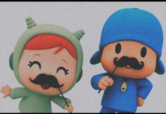 two cartoon characters are standing next to each other and one has a mustache on his nose