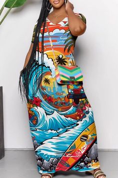 Casual Print Patchwork Pocket V NeCasual Print Patchwork Pocket V Neck Long Dressesck Long Dresses Casual Patchwork Dress For Beach Season, Casual Mixed Print Dress For Vacation, Casual Mixed Print Vacation Dress, Colorful Short Sleeve Beach Dresses, Casual Mixed Print Summer Dress, Casual Multicolor Mixed Print Dress, Multicolor Print Short Sleeve Dress For Beach Season, Casual Multicolor Print Dress, Casual Blue Mixed Print Dress