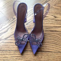 Worn A Handful Of Times Very Pretty Slingback In Light Purple With Crystal Encrusted Bow That Doesn’t Hv A Single Crystal Missing Muaddi Shoes, Amina Muaddi Shoes, Amina Muaddi, Sling Back, Light Purple, Shoes Women Heels, Shoes Heels, Women Shoes, Crystals