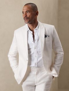 Tailored-Fit Pure Linen Tuxedo Suit Jacket | Banana Republic Factory Casual Tailored White Suits, Casual White Tailored Suit, White Business Blazer For Summer, Summer Business Sport Coat With Welt Pockets, Elegant White Linen Sport Coat, White Summer Business Blazer, White Long Sleeve Summer Suits, White Single Breasted Blazer For Summer, Classic Summer Sport Coat For Formal Occasions