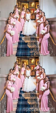 the bride and her bridal party are posing for pictures on the stairs at their wedding