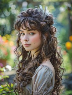 47 Curly Hair Bangs: Trendy Styles for Every Face Shape and Hair Type | Curly Hairstyles Guide Big Forehead Curly Hair, Formal Curly Hairstyles With Bangs, Curly Bridal Hair With Bangs, Curly Bangs Updo, Fairy Hairstyles With Bangs, Curly Hair With Fringe Bangs Curls, Curly Hair Bridesmaid Styles, Curly Hair Updo Wedding, Side Swept Bangs Long Hair