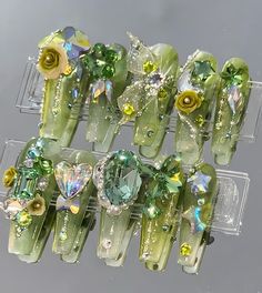 Collector's Edition Series Reusable Flower Crystal Nails/Press On Nails/Fake Nails/Green  CLICK THE LINK TO BUY NOW ON ETSY Forest Fairy Nails, Green Fairy Nails, Fake Nails Green, 3d Fairy, Long Fake Nails, Fairy Nails, Nails Press, Nails Green, Green Fairy