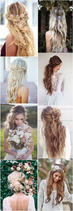 many different types of braids are shown in this collage, including long hair and flowers