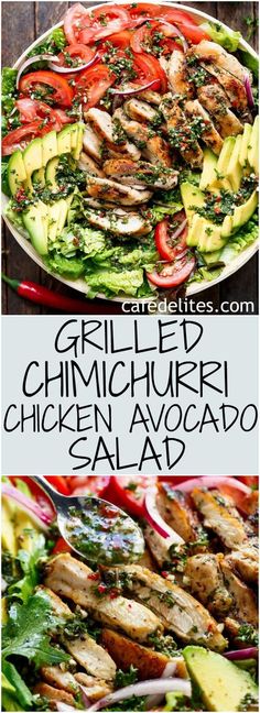 grilled chicken and avocado salad with tomatoes, cucumbers, and spinach