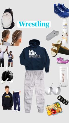 a collage of various items including shoes, sweatshirts and other items