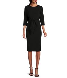 Elegant Belted Midi Dress With 3/4 Sleeves, Chic 3/4 Sleeve Tie-waist Dress, Chic 3/4 Sleeve Dress With Tie Waist, Chic Tie Waist Dress With 3/4 Sleeves, Belted Half Sleeve Midi Dress For Work, Workwear Dresses With Tie Waist And 3/4 Sleeve, Sheath Dress Work, Modest Bridesmaid Dresses With Sleeves, Sheath Dress Outfit