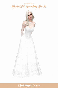 a woman in a white wedding gown is standing with her hands on her hips and the words romantic wedding gown