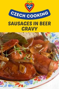 sausages in beer gravy on a colorful plate with a fork and spoon