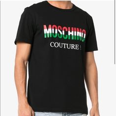 Moschino Italian Flag Logo T-Shirt! 100% Authentic. Purchased In Italy. Size L This Black, Red And Green Moschino Italian Flag Logo T-Shirt Is Cotton, Features A Round Neck, Short Sleeves And The Italian Flag Logo Printed Across The Chest. Condition: Nwot Black Designer Logo Crew Neck Top, Black Crew Neck Tops With Designer Logo, Black Crew Neck Top With Designer Logo, Designer Cotton Shirt With Logo Print, Black Cotton Tops With Designer Logo, Casual Cotton Tops With Designer Logo, Designer Black Shirt With Logo Print, Designer Cotton Crew Neck Shirt, Designer Crew Neck Shirt With Logo Print