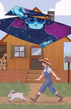 a man in overalls and hat walking past a house with a cat on it