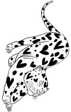 a black and white drawing of a leopard with hearts on it's back legs