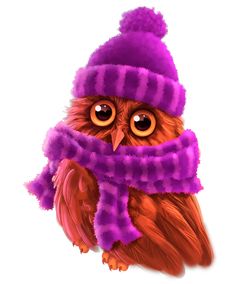 an owl wearing a purple hat and scarf