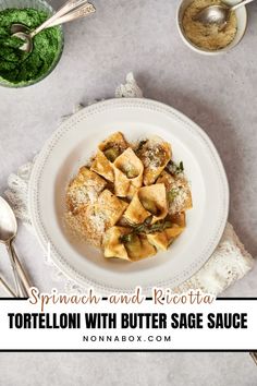 spinach and ricotta tortellini with butter sage sauce on a white plate