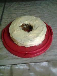 a cake sitting on top of a red plate