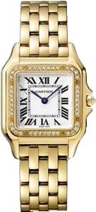 Gold Cartier Analog Watch, Classic Gold Diamond Watch With Chronograph, Elegant Yellow Gold Watch With Date Display, Cartier Formal Watches With Date Display, Elegant Cartier Watch With Date Display, Cartier Yellow Gold Analog Watch, Classic Diamond Watch With Date Display As Gift, Cartier Analog Watch In Yellow Gold, Designer Gold Cartier Watch