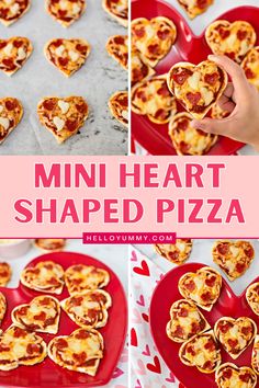 mini heart shaped pizzas on a red plate with the text overlay that reads, mini heart shaped pizza