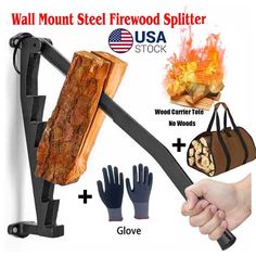 the wall mounted firewood spliter is shown with gloves and glove holder for it