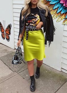 Neon Lime Green Dress, Neon Fall Outfits, Art Event Outfit Ideas, Green Skirt Work Outfit, Neon Yellow Shirt Outfit, Lime Green Skirt Outfit Summer, Lime Green Aesthetic Outfit, Lime Skirt Outfit, Neon Green Skirt Outfit