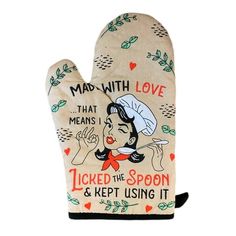 a oven mitt with an image of a woman's face and words on it