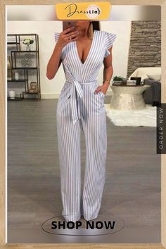 Fashion Belt Backless V Neck Stripe Jumpsuit Summer Workwear Jumpsuits And Rompers With V-neck, Striped V-neck Jumpsuits And Rompers For Summer, Chic Striped Jumpsuits And Rompers For Summer, Chic Striped Summer Jumpsuits And Rompers, Summer V-neck Fitted Jumpsuits And Rompers, Elegant Striped Sleeveless Jumpsuits And Rompers, Chic Striped Jumpsuits And Rompers For Work, Striped Jumpsuits And Rompers For Summer Workwear, Striped V-neck Jumpsuits For Vacation