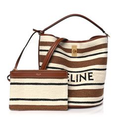 This is an authentic CELINE Canvas Smooth Calfskin Logo Bucket 16 Bag in Brown, Off White, and Tan. This bucket bag is crafted of off-white canvas with black and brown stripes and a black Celine logo on the front. The bag features a smooth brown leather base, brown leather trim, and a removable top handle and shoulder strap. The turn lock opens to a natural beige canvas interior with a removable pouch. Celine Logo, Celine Box, Bag Light, White Canvas, Flap Bag, Bag Straps, Leather Trim, Belt Bag, Leather Trims