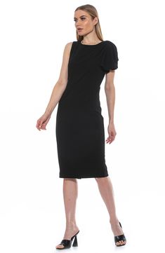 A draped sleeve cascades along a single side of this flattering sheath dress styled in a midi length. 43" length (size X-Small) Crewneck Single draped sleeve Lined 95% polyester, 5% spandex Machine wash, dry flat Imported Model stats: 5'10" height, 32" bust, 25" waist, 36" hip. Model is wearing size X-Small. Formal Bodycon Asymmetrical Midi Dress, Asymmetrical Midi Dress With Draped Sleeves For Formal Events, Asymmetrical Midi Dress With Draped Sleeves For Formal Occasions, Formal Asymmetrical Midi Dress With Draped Sleeves, Elegant Black Asymmetrical Knee-length Dress, Cocktail Midi Dress With Draped Sleeves, Knee-length Evening Midi Dress With Draped Sleeves, Fitted Knee-length Midi Dress With Draped Sleeves, Evening Knee-length Midi Dress With Draped Sleeves