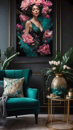 a living room with a blue chair and pink flowers on the wall, in front of a large painting