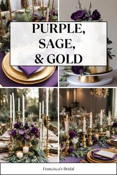 purple, sage, and gold wedding table settings