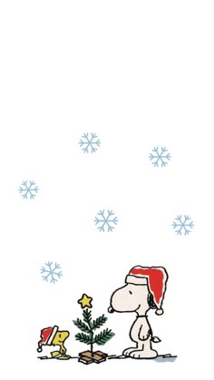 a charlie brown christmas card with snowflakes in the background and a tree on the ground