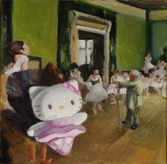 an oil painting of a hello kitty doll in front of a room full of people