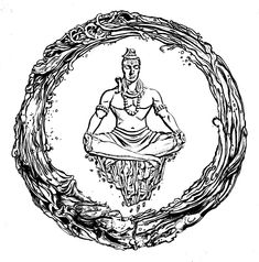 a black and white drawing of a man sitting in the middle of a circle with waves around him