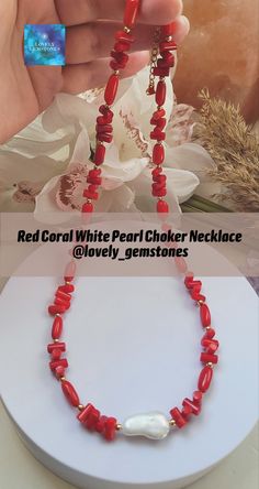 A unique and vibrant boho choker necklace, made with natural red coral beads and baroque focal white pearl bead, finished with gold plated accessories. Beautiful, elegant and simple red white and gold choker necklace would be a great birthday, any holiday or any occasion gift. #redcoral #redcoraljewelry #coralnecklace #coralchoker #whitepearlnecklace #coralandpearl #redandwhite #trendingnecklace #rednecklace #redbeadednecklace Coral Choker, Necklace For Neckline, Boho Choker Necklace, Mother Of Pearl Jewelry, Pearl Jewelry Wedding, Boho Choker