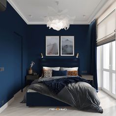 a bedroom with blue walls and white floors